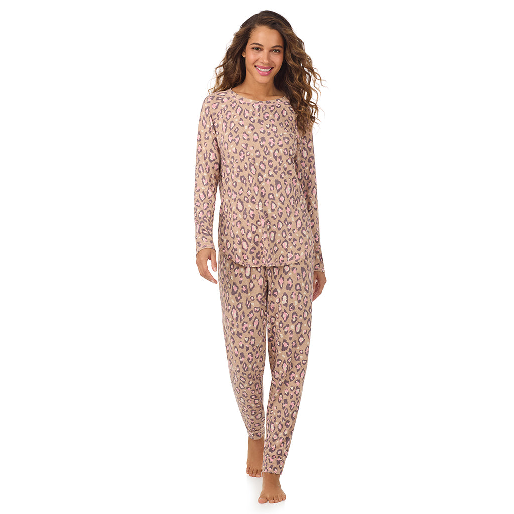 A lady wearing Natural Animal Brushed Sweater Knit Long Sleeve Pajama Set