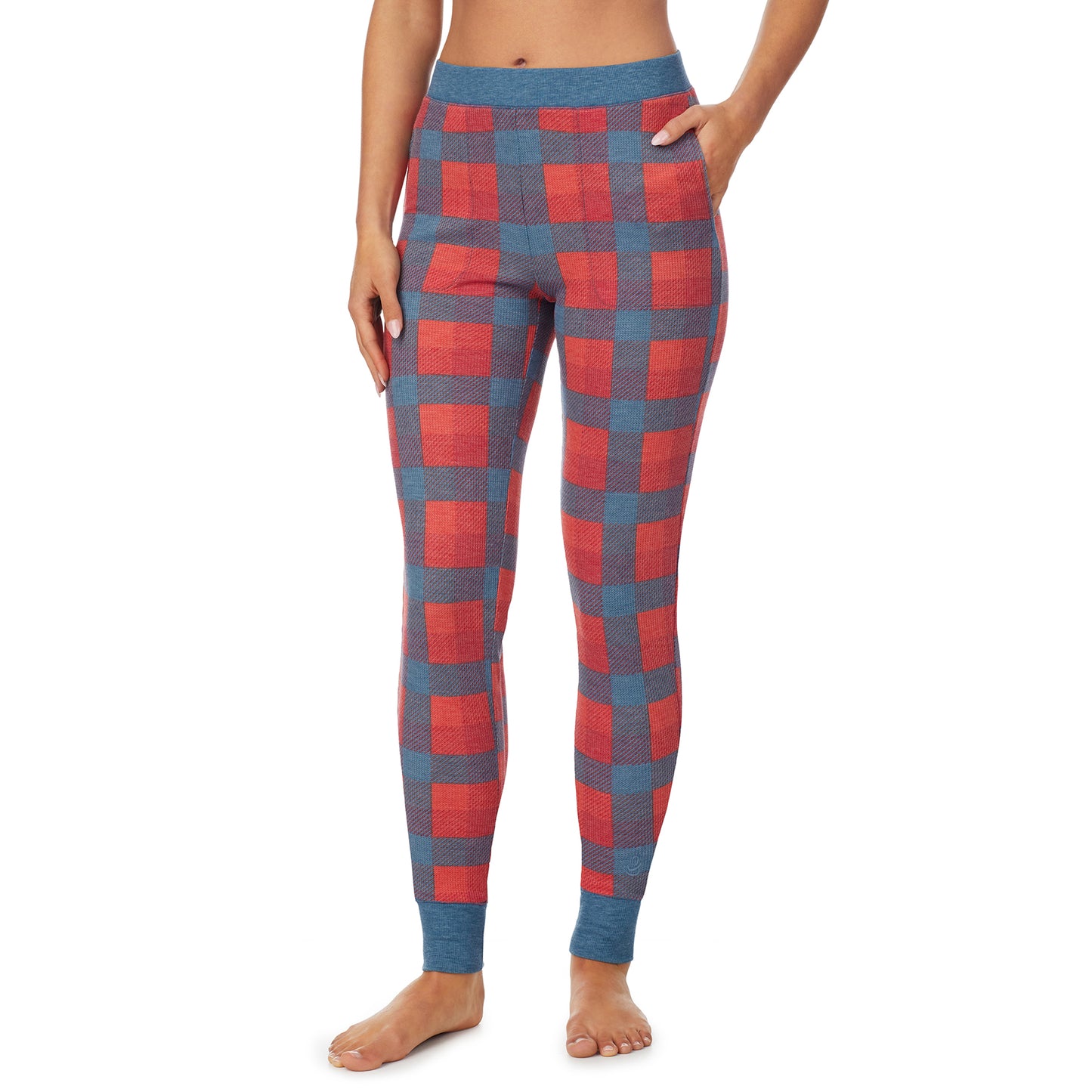 Red Blue Buffalo Check;Boysenberry Purple;Model is wearing size S. She is 5’9”, Bust 32”, Waist 25”, Hips 35”.@ A lady wearingStretch Thermal Legging with Red Blue Buffalo Check print
