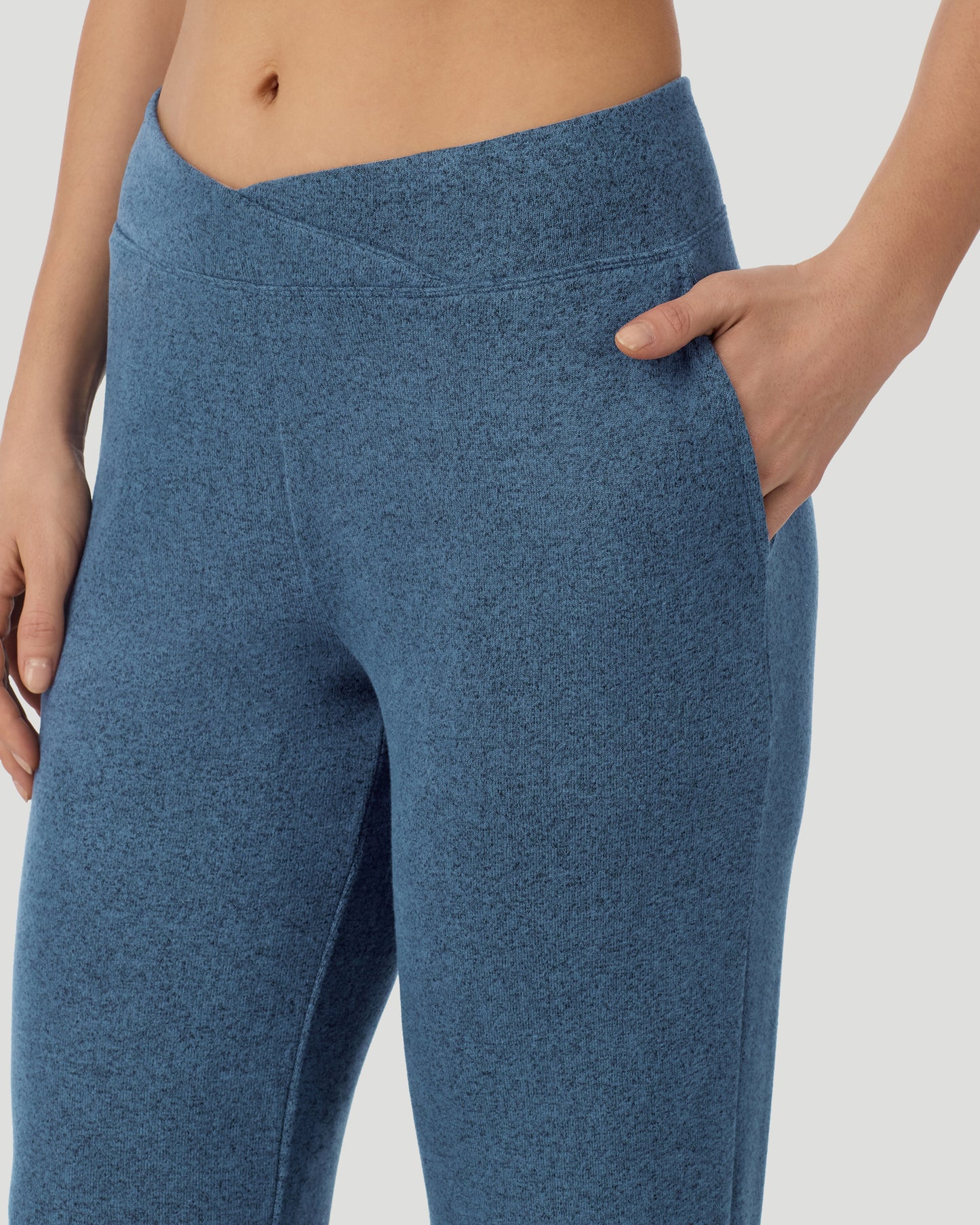 Deep Chambray; Model is wearing a size S. She is 5’9.5”, Bust 34”, Waist 25”, Hips 36.5”. @ A lady wearing Deep Chambray SoftKnit Lounge Pant in a front view closer look