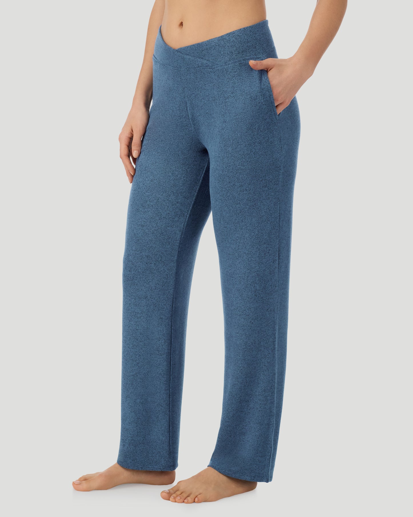 Deep Chambray; Model is wearing a size S. She is 5’9.5”, Bust 34”, Waist 25”, Hips 36.5”. @ A lady wearing Deep Chambray SoftKnit Lounge Pant in a front view pose