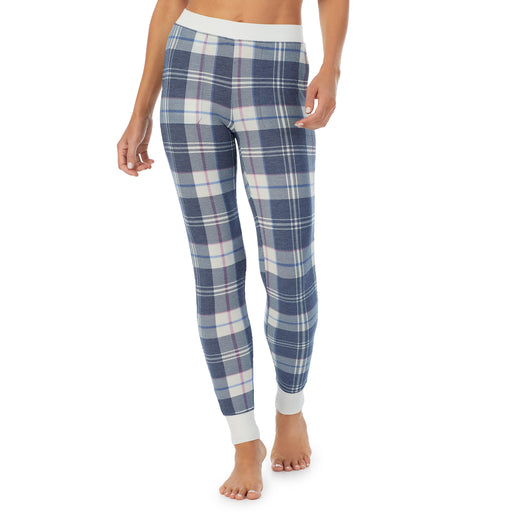 Blue Plaid; Model is wearing size S. She is 5’9”, Bust 34”, Waist 25.5”, Hips 36.5”. @A lady wearing a Blue Plaid legging.