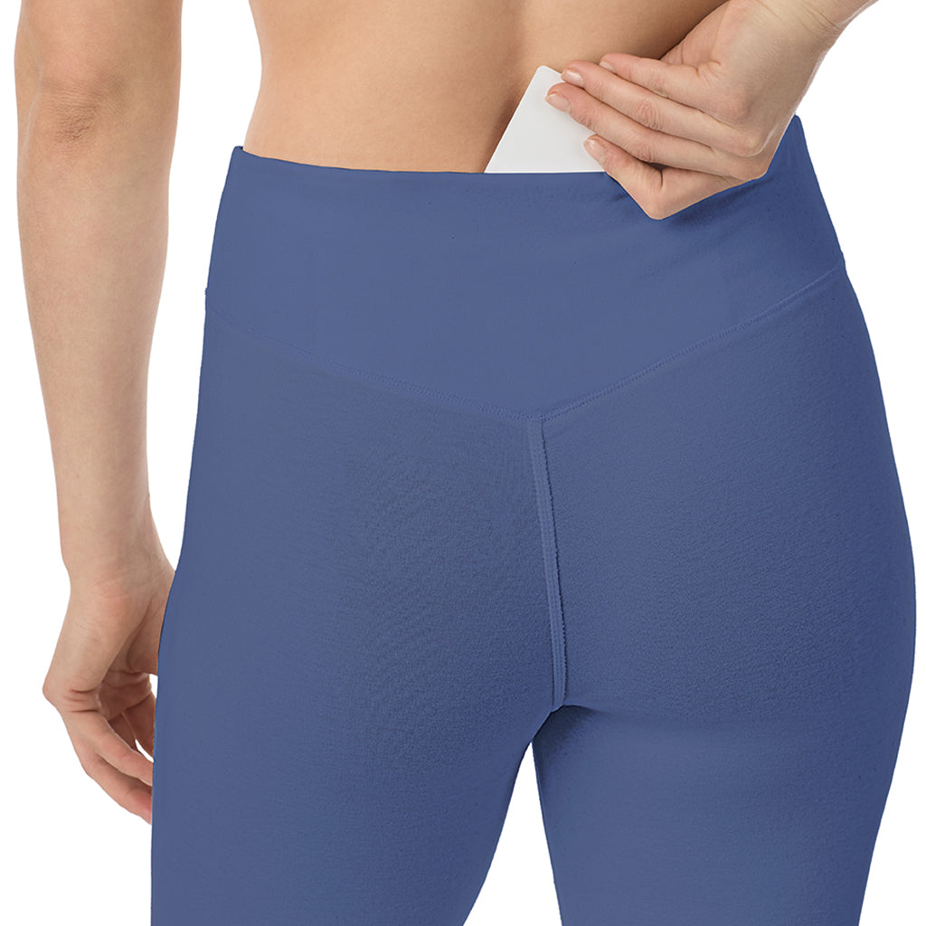 Smoke Blue; Model is wearing a size S. She is 5’9”, Bust 34”, Waist 25”, Hips 36”@A lady wearing Smoke Blue cottonwear legging