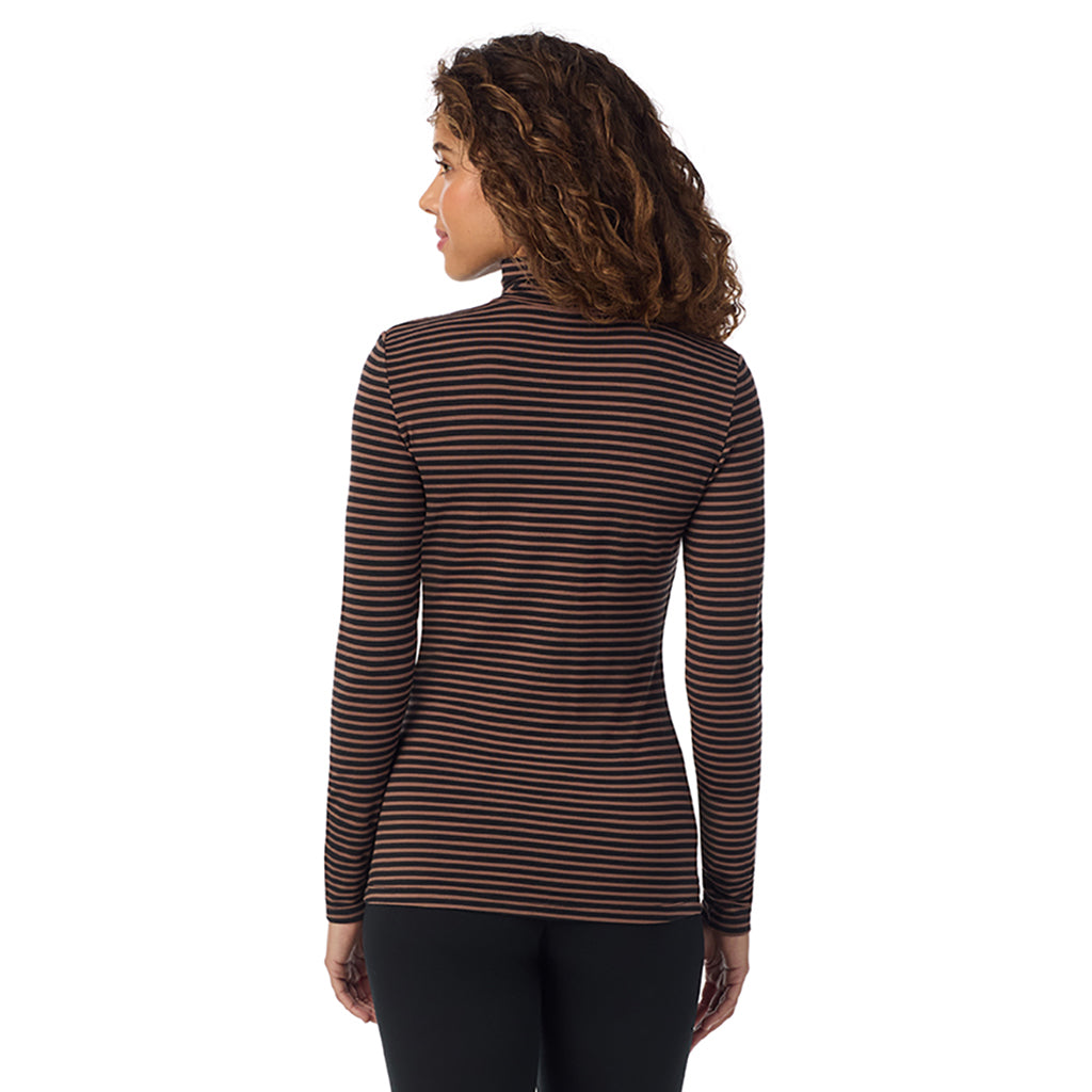 Pecan Stripe; Model is wearing size S. She is 5’9”, Bust 34”, Waist 23”, Hips 35”.@A lady wearing ultramarine long sleeve pecan stripe softwear with stretch top.