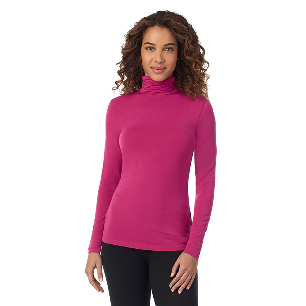 Deep Fuchsia; Model is wearing size S. She is 5’9”, Bust 34”, Waist 23”, Hips 35”.@A lady wearing ultramarine long sleeve deep fuchsia softwear with stretch top.