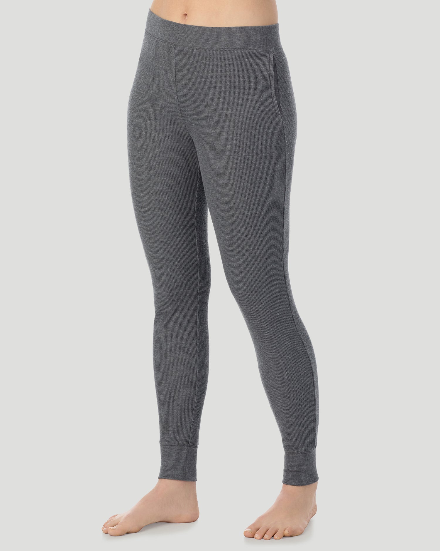A lady wearing Cozy Stretch Thermal Legging in Stone Grey Heather side view side view