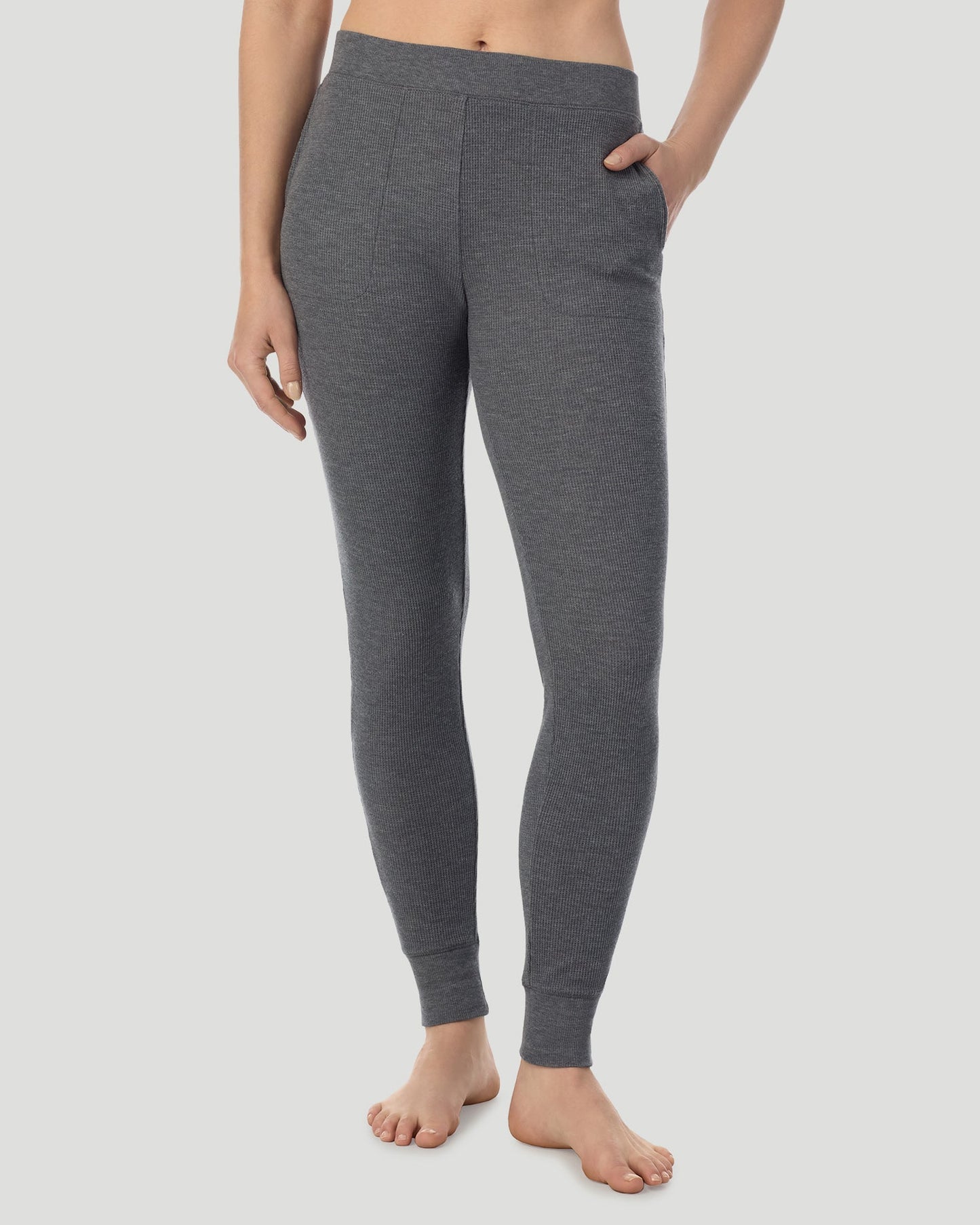 Stone Grey Heather;@A lady wearing Cozy Stretch Thermal Legging in Stone Grey Heather  