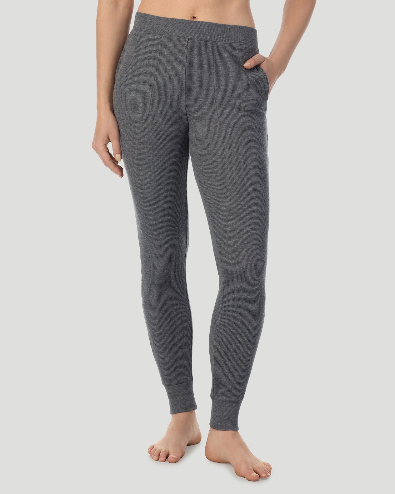 A lady wearing Cozy Stretch Thermal Legging in Stone Grey Heather  