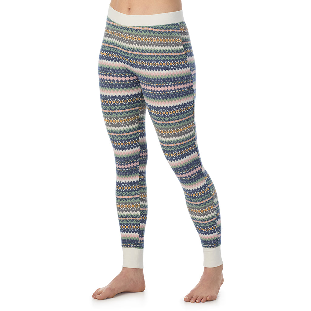 Green Fairisle; Model is wearing a size S. She is 5’9”, Bust 34”, Waist 25”, Hips 36”@ A Lady is wearing Green Fairisle Cozy Stretch Thermal Legging