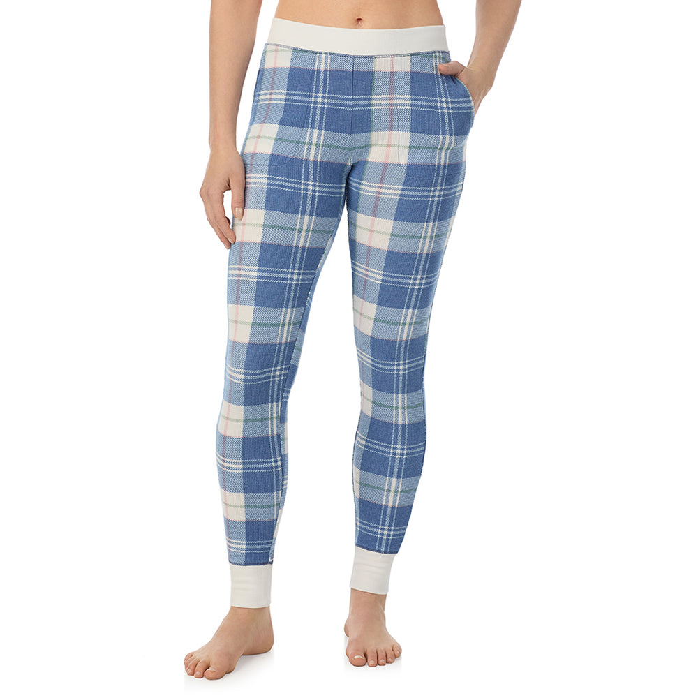 A Lady is wearing Blue Plaid Cozy Stretch Thermal Legging