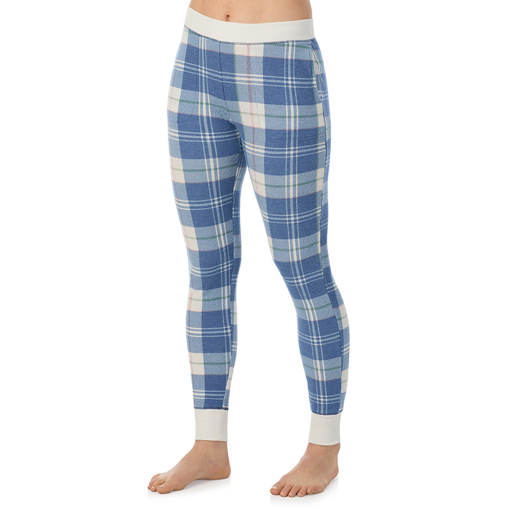 Blue Plaid; Model is wearing a size S. She is 5’9”, Bust 34”, Waist 25”, Hips 36”@ A Lady is wearing Blue Plaid Cozy Stretch Thermal Legging