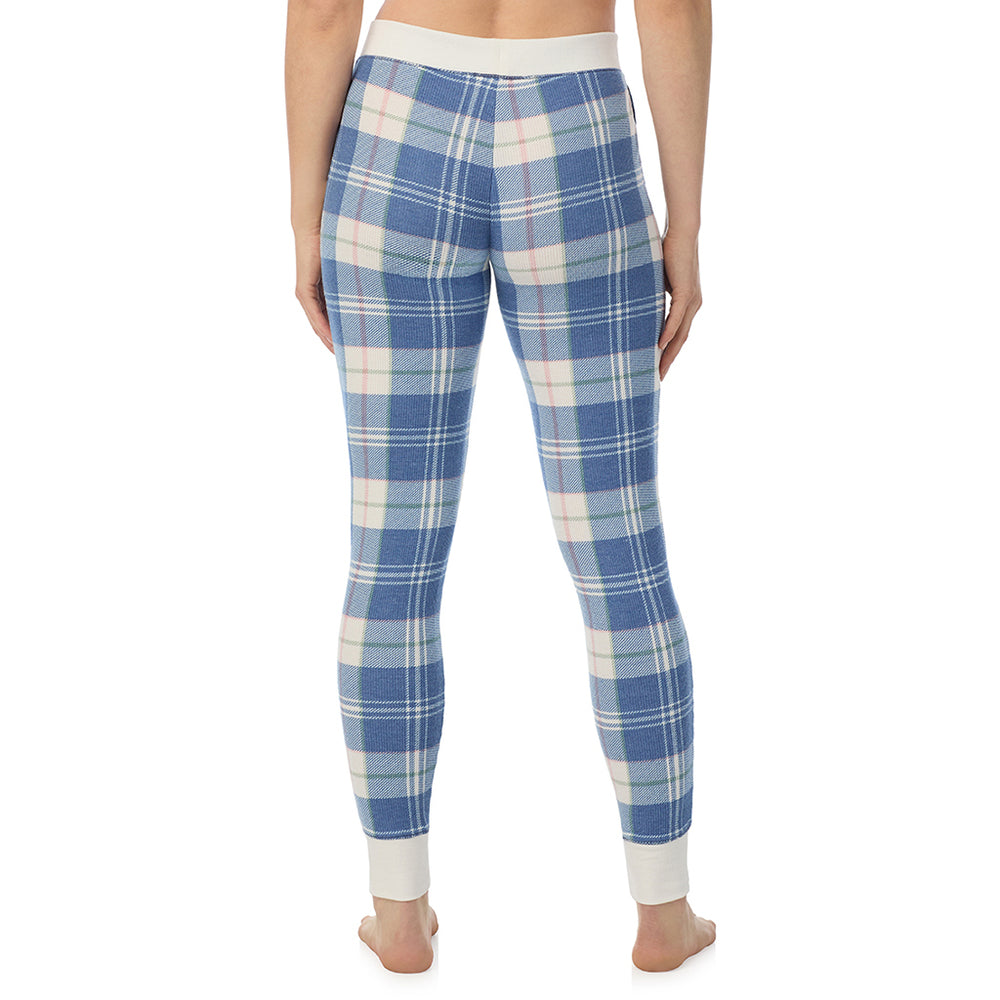 A Lady is wearing Blue Plaid Cozy Stretch Thermal Legging