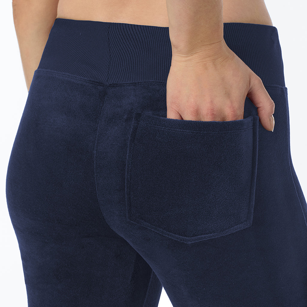  A Lady is wearing Navy Blazer Stretch Velour Boot Cut Legging