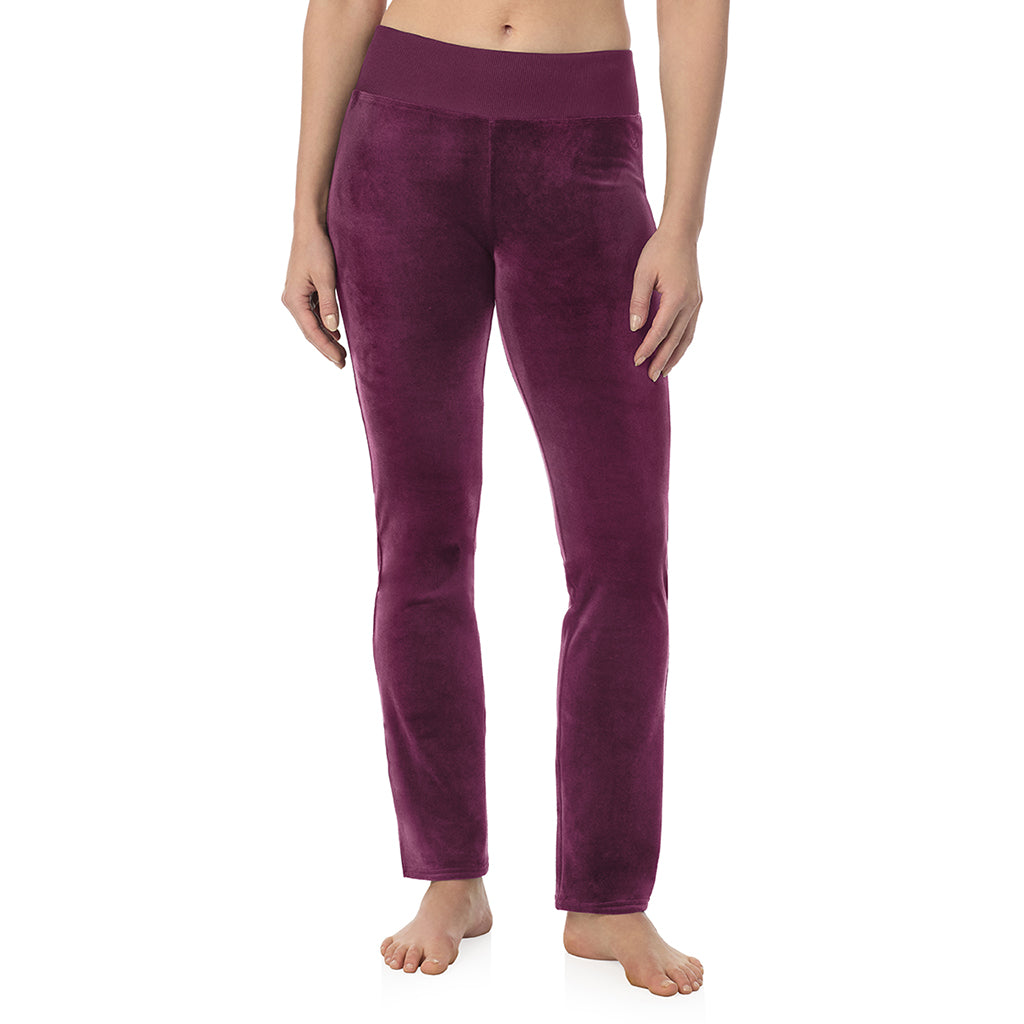 Purple Beet; Model is wearing a size S. She is 5’9”, Bust 34”, Waist 25”, Hips 36”@ A Lady is wearing Purple Beet Stretch Velour Boot Cut Legging