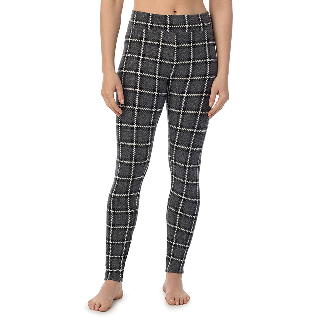 Grey Black Plaid; Model is wearing a size S. She is 5’9”, Bust 34”, Waist 25”, Hips 36”@ A Lady is wearing a Grey Black Plaid Fleecewear With Stretch Legging