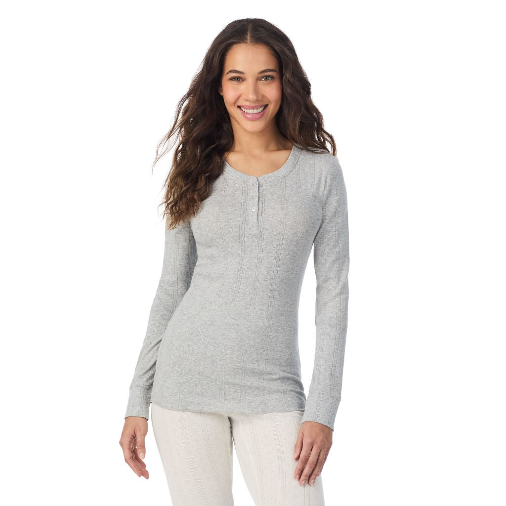 Grey Heather;Model is wearing size S. She is 5’9”, Bust 34”, Waist 23”, Hips 35”.@A lady is wearing Cotton Pointelle Long Sleeve Henley
