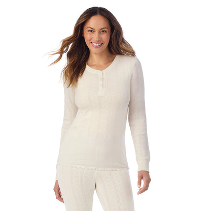 Ivory;Model is wearing size S. She is 5'8", Bust 34", Waist 24.5", Hips 35".@A lady is wearing Cotton Pointelle Long Sleeve Henley
