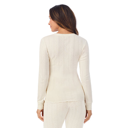 Ivory;Model is wearing size S. She is 5'8", Bust 34", Waist 24.5", Hips 35".@A lady is wearing Cotton Pointelle Long Sleeve Henley
