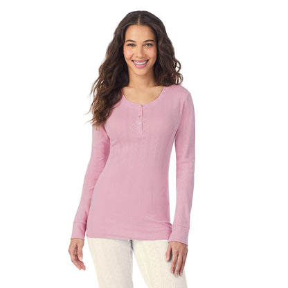 Mauve Mist;Model is wearing size S. She is 5’9”, Bust 34”, Waist 23”, Hips 35”.@A lady is wearing Cotton Pointelle Long Sleeve Henley
