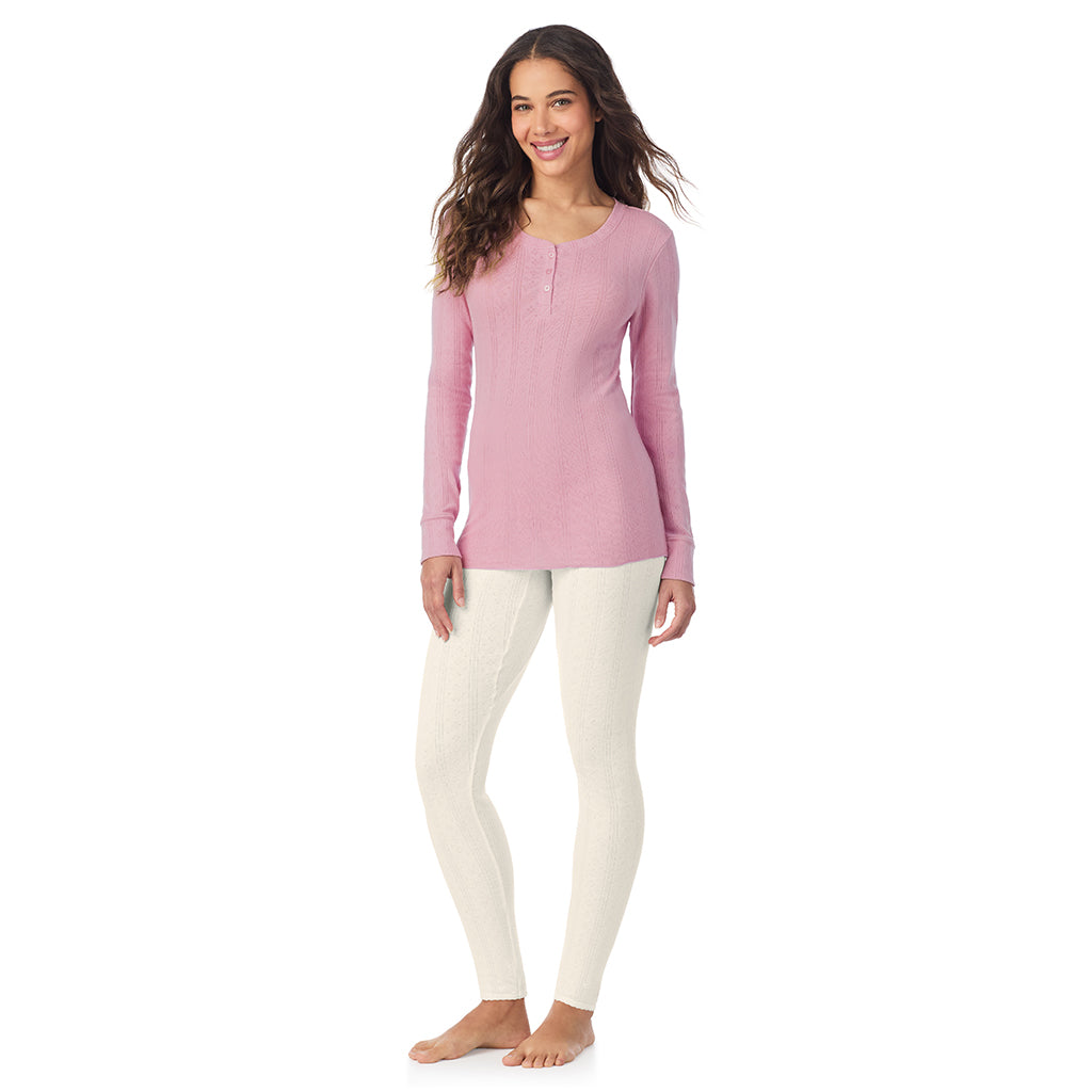 A lady is wearing Cotton Pointelle Long Sleeve Henley
