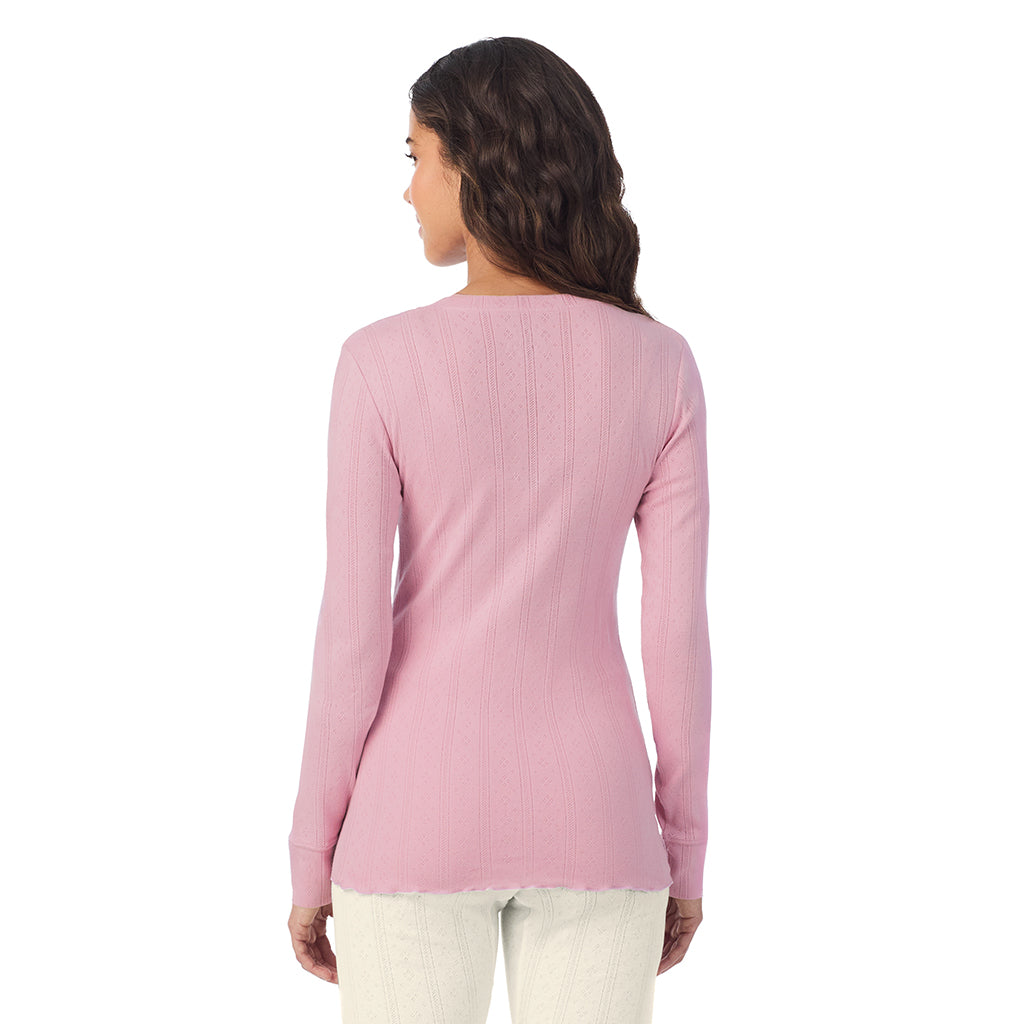 Mauve Mist;Model is wearing size S. She is 5’9”, Bust 34”, Waist 23”, Hips 35”.@A lady is wearing Cotton Pointelle Long Sleeve Henley
