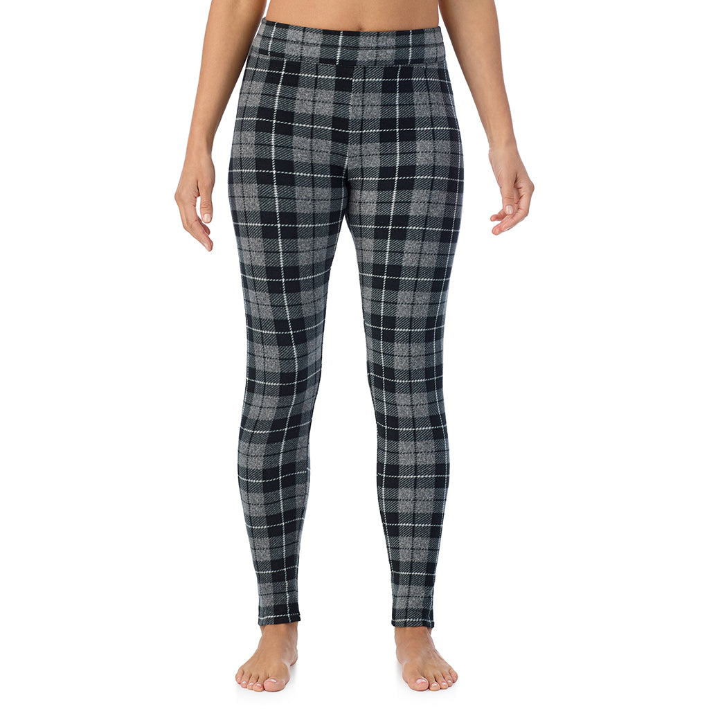 Charcoal Heather Tartan;Model is wearing size S. She is 5'11.5", Bust 34", Waist 26", Hips 37".@A lady wearing fleecewear with stretch legging