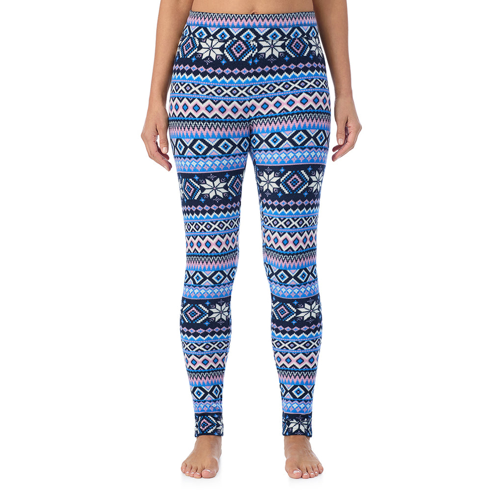 A Lady is wearing a Blue Fairisle Fleecewear With Stretch Legging TALL !94% Recycled Polyester, 6% Spandex!