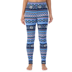  A Lady is wearing a Blue Fairisle Fleecewear With Stretch Legging TALL !94% Recycled Polyester, 6% Spandex!