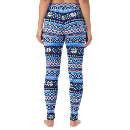 Blue Fairisle; Model is wearing size S. She is 5'11.5", Bust 34", Waist 26", Hips 37".@ A Lady is wearing a Blue Fairisle Fleecewear With Stretch Legging TALL !94% Recycled Polyester, 6% Spandex!