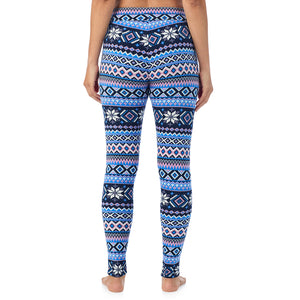  A Lady is wearing a Blue Fairisle Fleecewear With Stretch Legging TALL !94% Recycled Polyester, 6% Spandex!