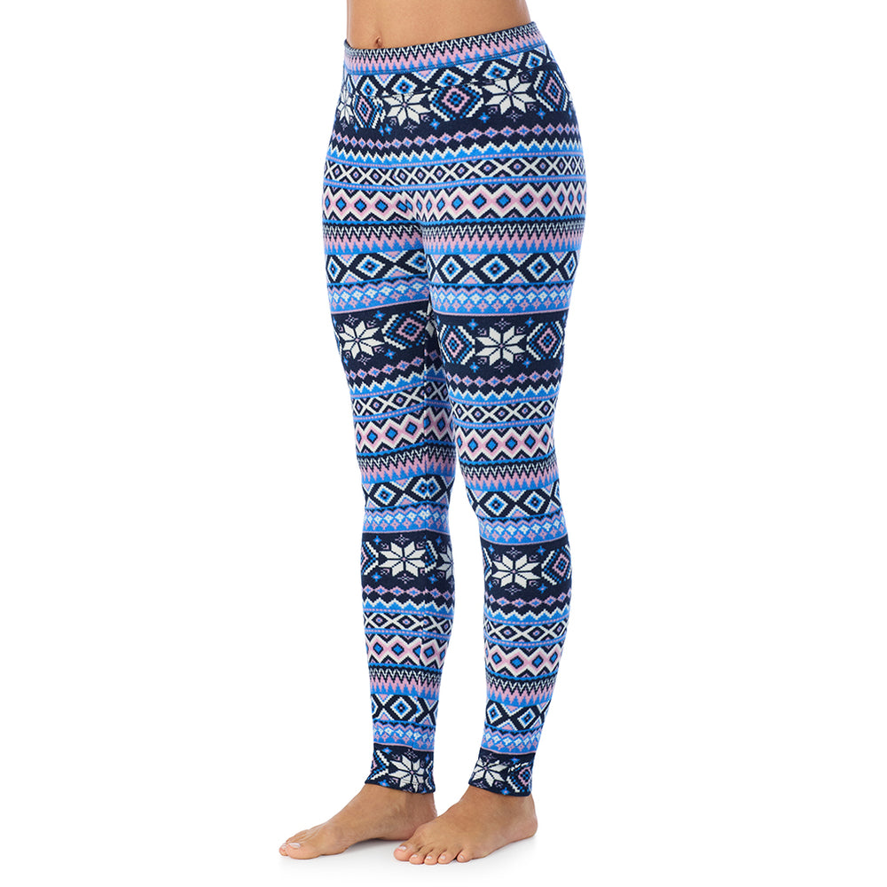 A Lady is wearing a Blue Fairisle Fleecewear With Stretch Legging TALL !94% Recycled Polyester, 6% Spandex!