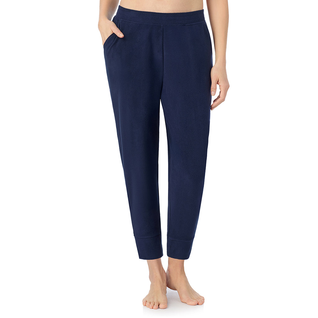 A lady wearing Navy Blazer Cuddl Duds x Jennifer Lake Fleecewear with Stretch Cropped Jogger 