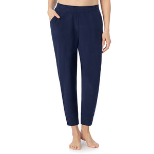 A lady wearing Navy Blazer Cuddl Duds x Jennifer Lake Fleecewear with Stretch Cropped Jogger 
