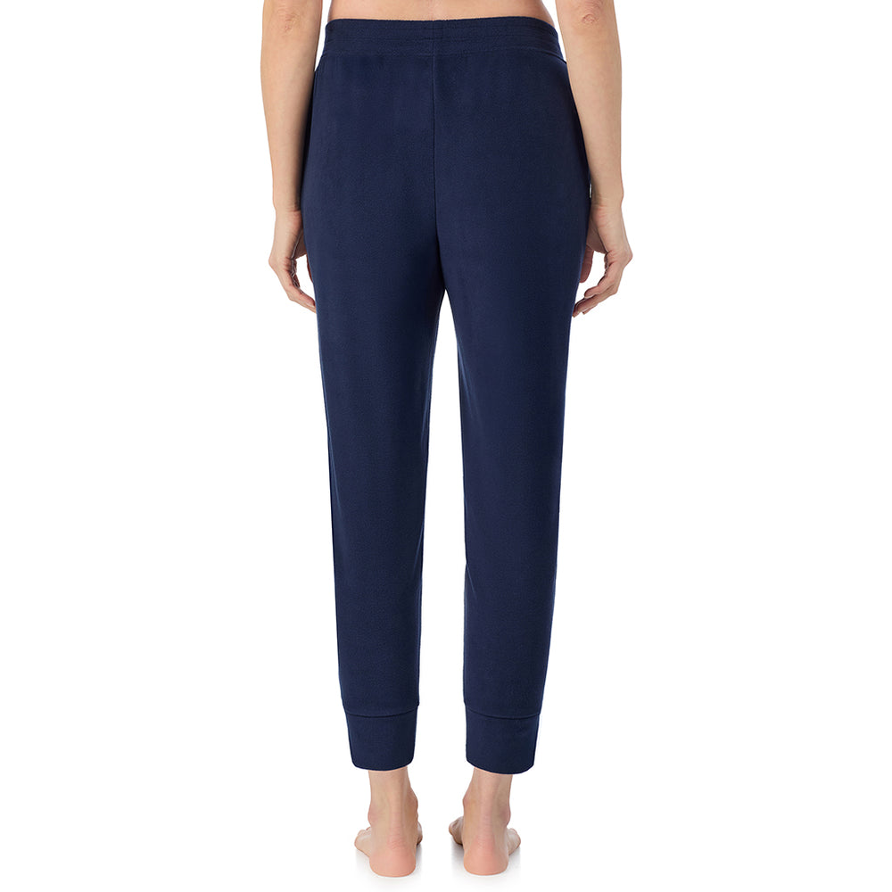 A lady wearing Navy Blazer Cuddl Duds x Jennifer Lake Fleecewear with Stretch Cropped Jogger