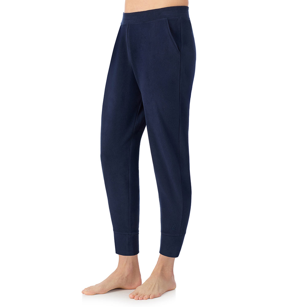 A lady wearing Navy Blazer Cuddl Duds x Jennifer Lake Fleecewear with Stretch Cropped Jogger