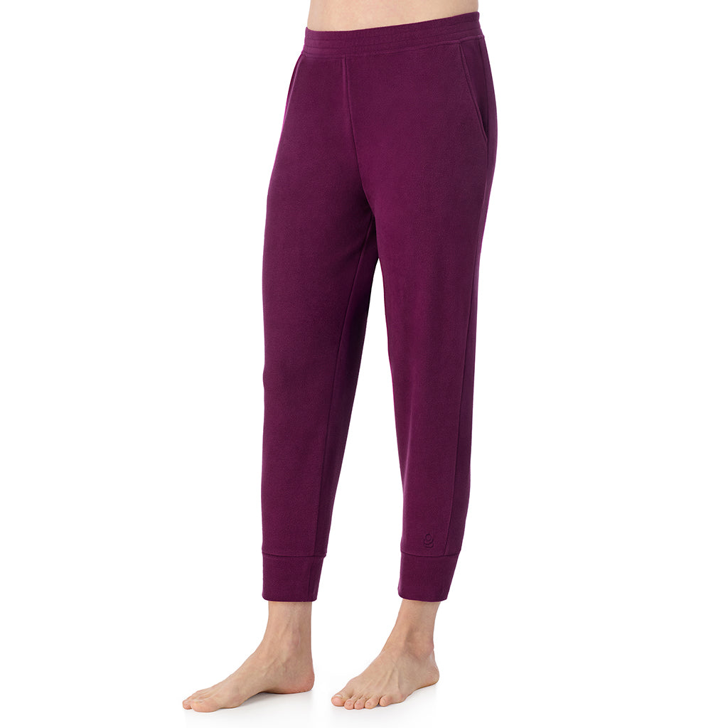 Dark Purple; Model is wearing size S. She is 5'11", Bust 33", Waist 24", Hips 34".@A lady wearing Dark Purple Cuddl Duds x Jennifer Lake Fleecewear with Stretch Cropped Jogger 