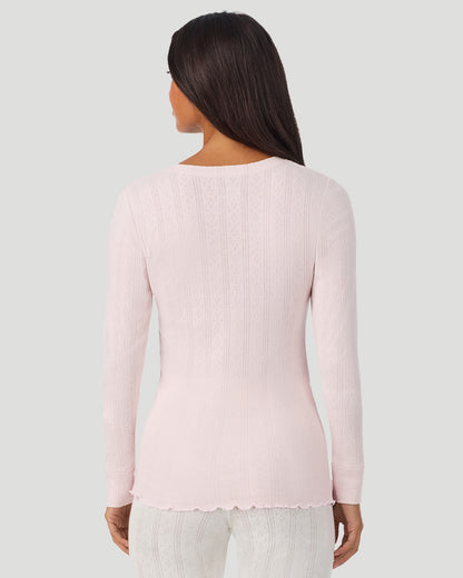 A lady is wearing Pretty Rose Cotton Pointelle Long Sleeve Henley in a back view look