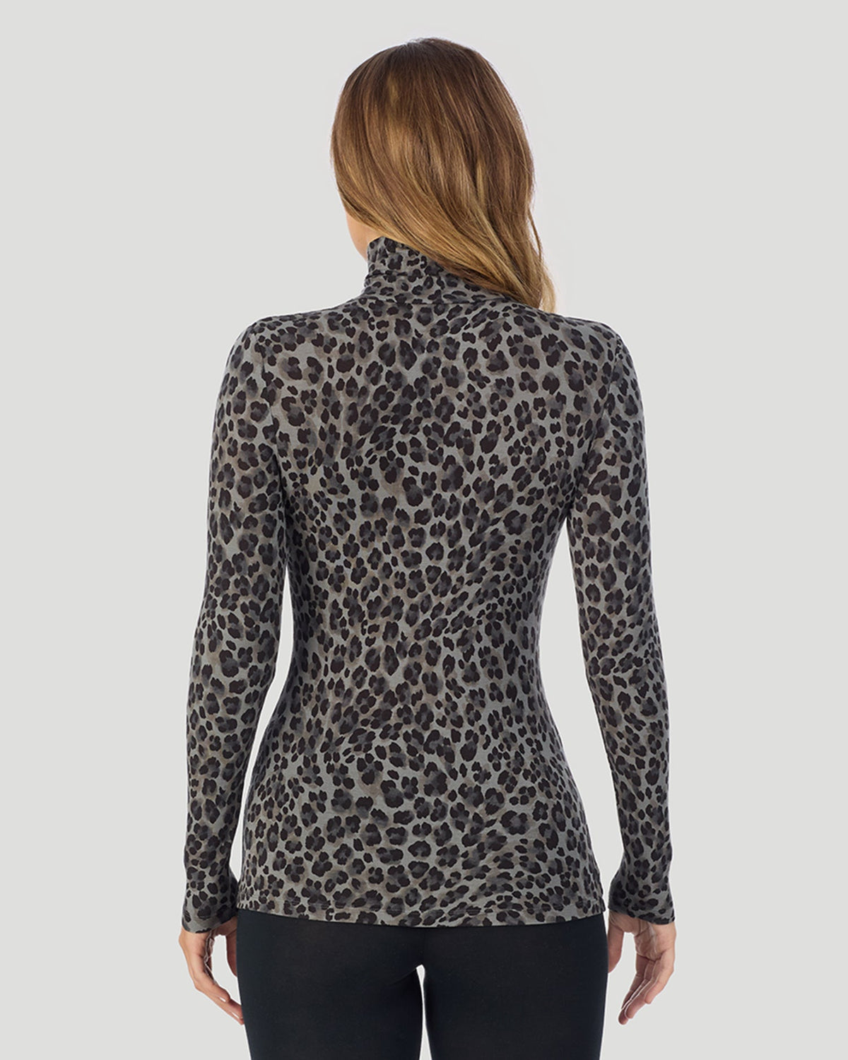 Charcoal Leopard; Model is wearing a size S. She is 5’11.5”, Bust 34”, Waist 27”, Hips 38.5”. @A lady wearing charcoal leopard Softwear With Stretch Long Sleeve Turtleneck top in a back pose