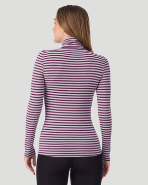 A lady wearing Lilac Stripe Softwear With Stretch Long Sleeve Turtleneck top in a back pose