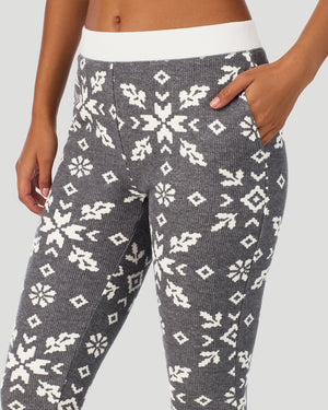  A lady wearing Stone Grey Winter Folk Cozy Stretch Thermal Legging in a front detail close up view
