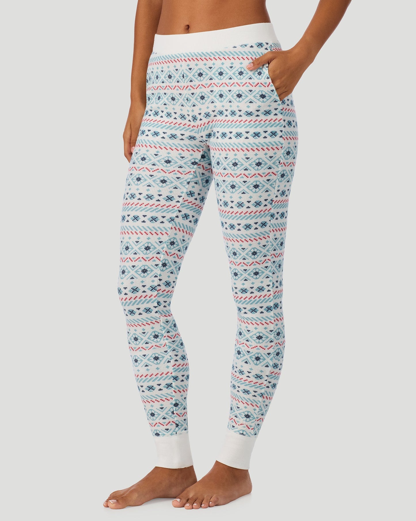 Ivory /Blue Fairisle;@A lady wearing Cozy Stretch Thermal Legging in Ivory /Blue Fairisle