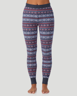  A lady wearing Medieval Blue Fairisle Cozy Stretch Thermal Legging in a front view pose