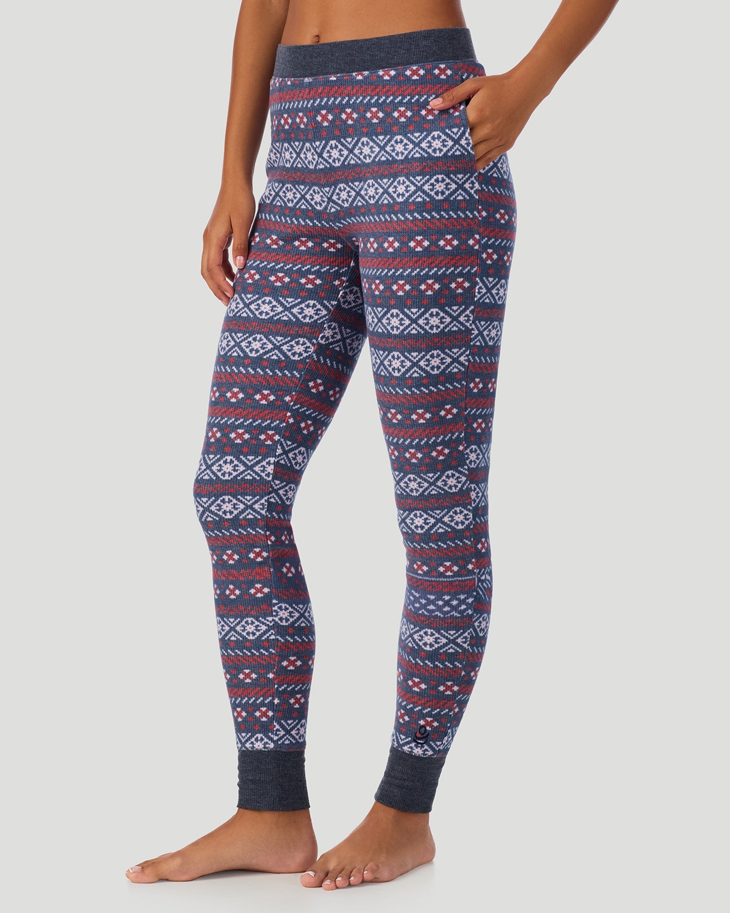 A lady wearing Cozy Stretch Thermal Legging in Medieval Blue Fairisle 
