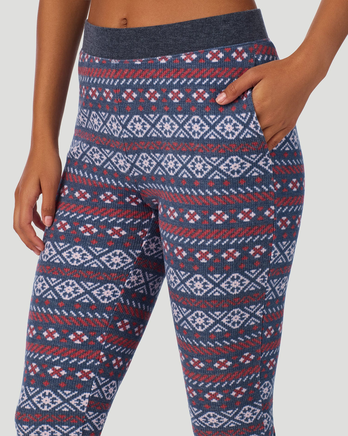 Medieval Blue Fairisle ;@A lady wearing Cozy Stretch Thermal Legging in Medieval Blue Fairisle 