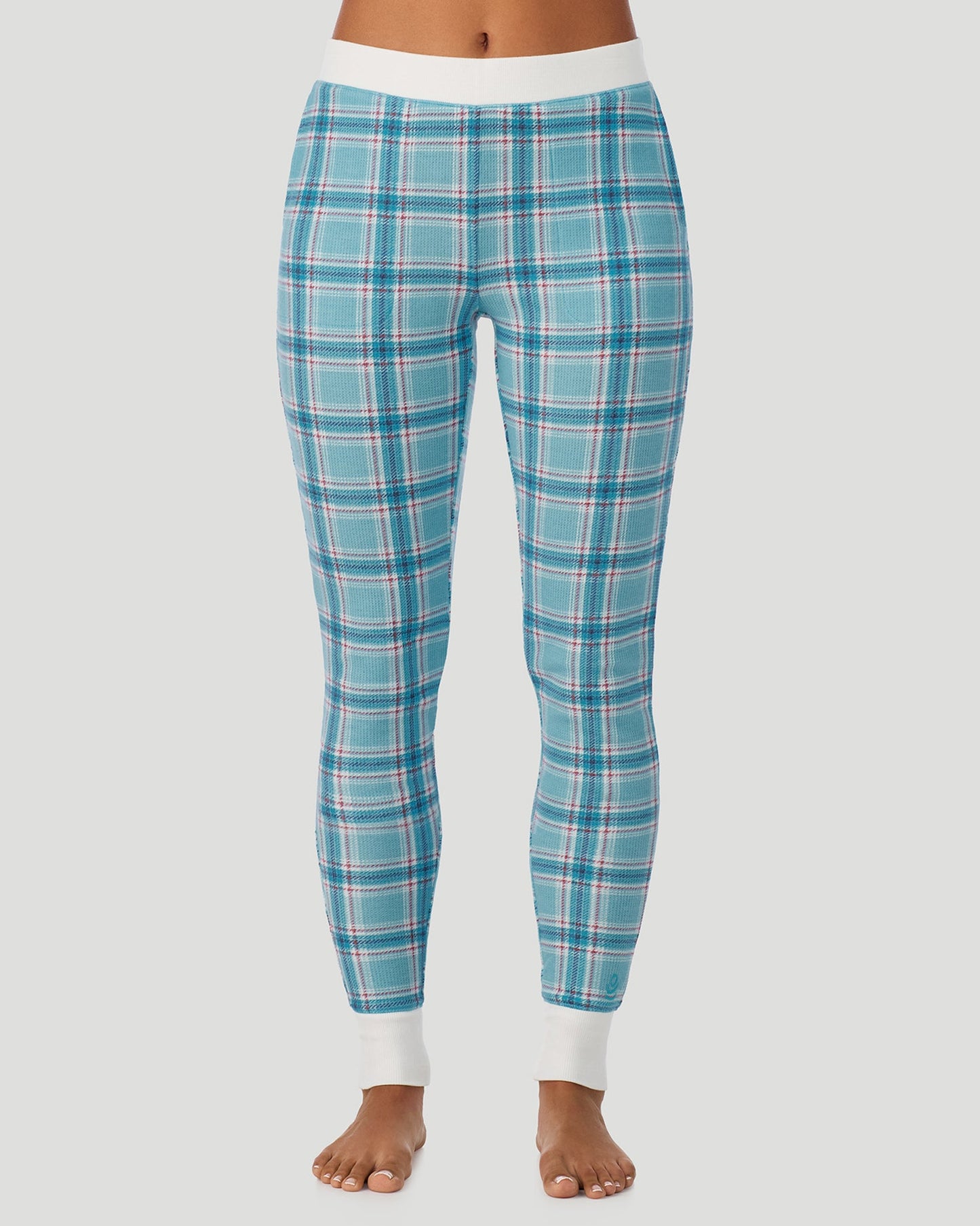 Cadet Blue Plaid;@A lady wearing Cozy Stretch Thermal Legging in Cadet Blue Plaid