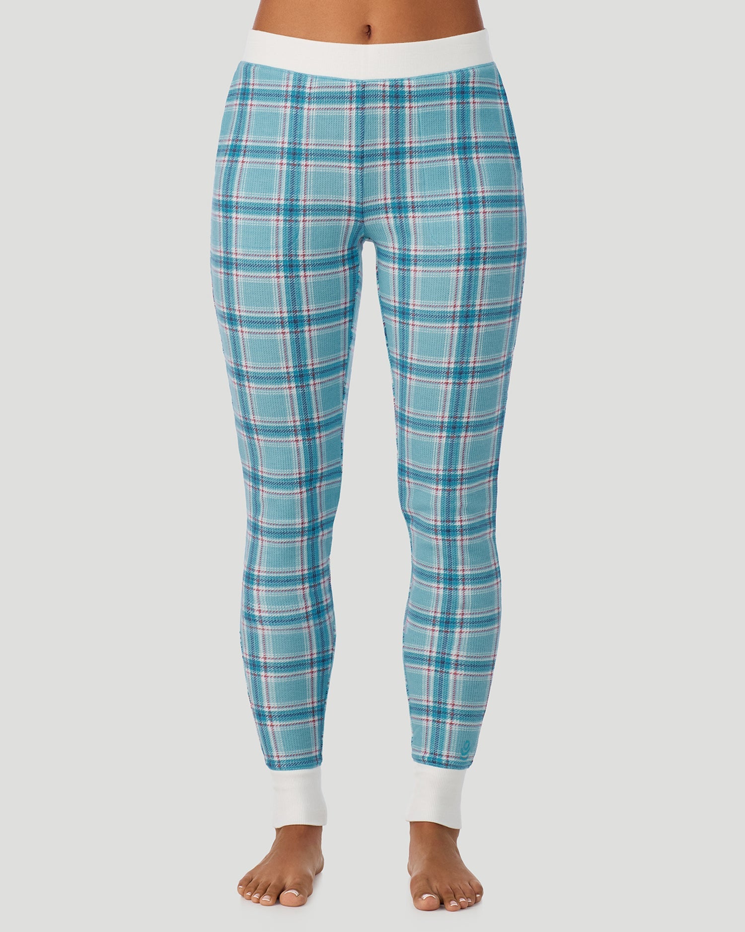 A lady wearing Cozy Stretch Thermal Legging in Cadet Blue Plaid
