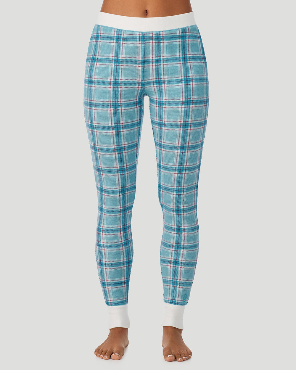 A lady wearing Cadet Blue Plaid Cozy Stretch Thermal Legging in a front view pose