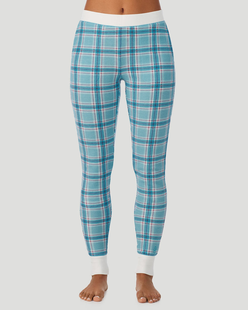  A lady wearing Cadet Blue Plaid Cozy Stretch Thermal Legging in a front view pose