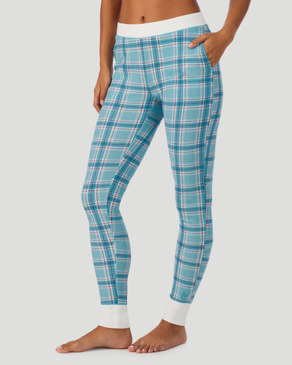 A lady wearing Cozy Stretch Thermal Legging in Cadet Blue Plaid