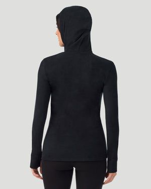  A lady wearing Black half zip hoodie back view arms relaxed