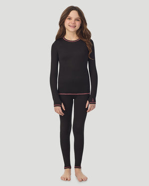 Girls Comfortech black Stretch Poly 2 pc. Long Sleeve Crew & Pant Set !92% Polyester, 8% Spandex!